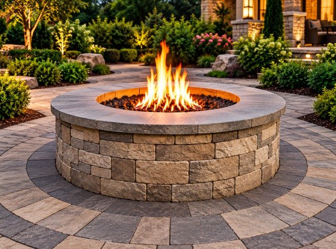 Round stone fire pit on a paver patio
